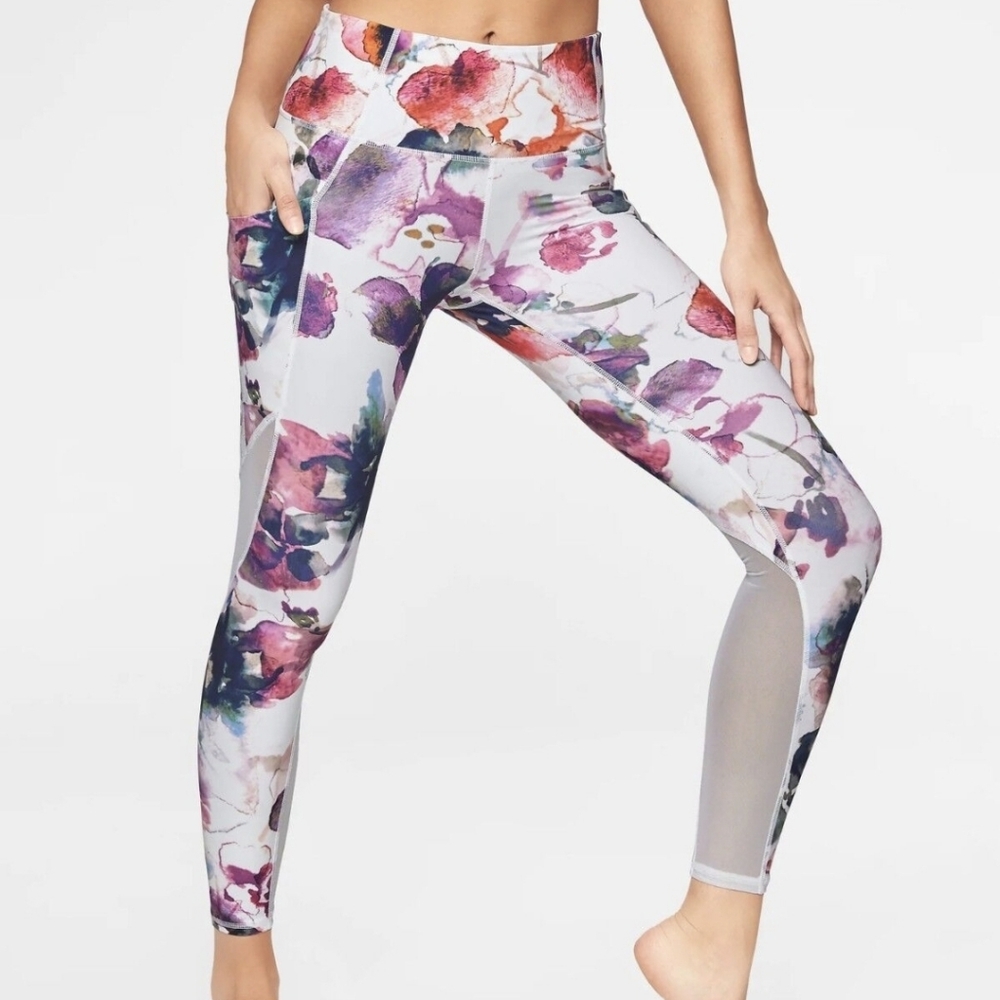 Athleta Floral Mudra XS Tight‎ Pink Multi Sport Run Walk Gym Yoga Outside Summer